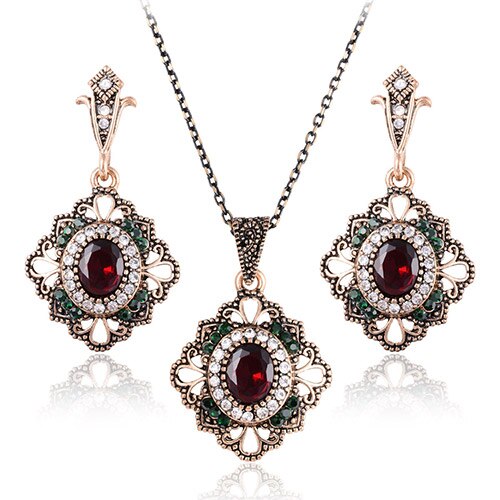Luxury Indian and Turkish Crystal Flower Necklace & Earrings Vintage Jewelry Set-Jewelry Sets-Innovato Design-Red Rose Green-Innovato Design