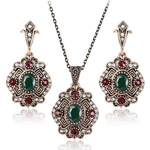 Luxury Indian and Turkish Crystal Flower Necklace & Earrings Vintage Jewelry Set-Jewelry Sets-Innovato Design-Green Rose White-Innovato Design