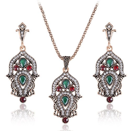 Luxury Indian and Turkish Crystal Flower Necklace & Earrings Vintage Jewelry Set-Jewelry Sets-Innovato Design-Gold Red White-Innovato Design