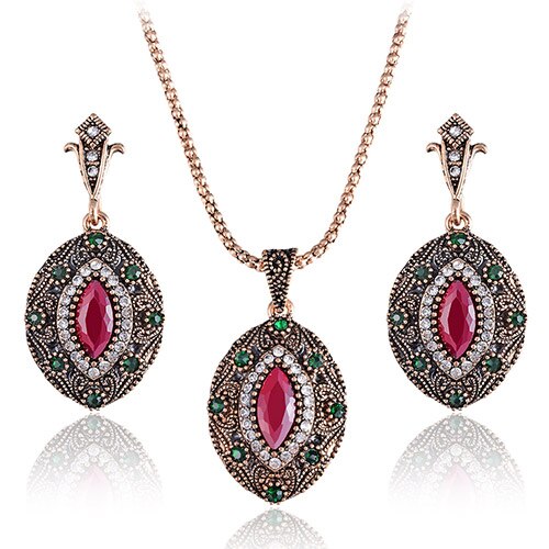 Luxury Indian and Turkish Crystal Flower Necklace & Earrings Vintage Jewelry Set-Jewelry Sets-Innovato Design-Red Gold-Innovato Design