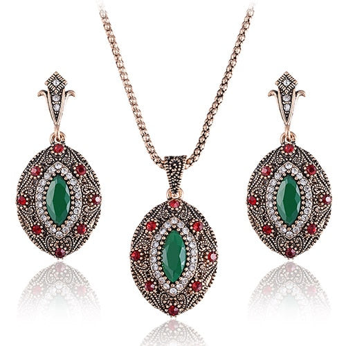 Luxury Indian and Turkish Crystal Flower Necklace & Earrings Vintage Jewelry Set-Jewelry Sets-Innovato Design-Red Green-Innovato Design
