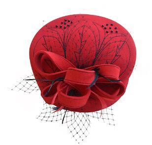 Wool Felt Pillbox Fascinator Hat with Netted Veil, Flower, Feathers and Beads