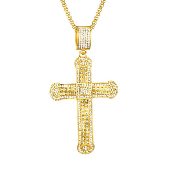 Gemstone-Studded Gold-Plated Cross Bling Stainless Steel Hip-hop Pendant Necklace-Necklaces-Innovato Design-Gold-Snake-Innovato Design