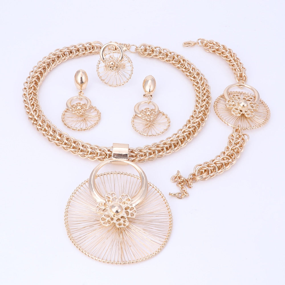 Gold-Plated Flower Necklace, Bracelet, Earrings & Ring Wedding Statement Jewelry Set-Jewelry Sets-Innovato Design-Innovato Design