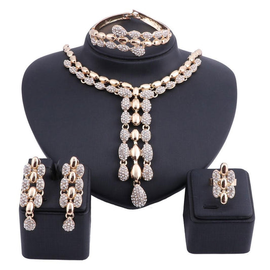 Rhinestone Pod Necklace, Bracelet, Earrings & Ring Wedding Statement Jewelry Set-Jewelry Sets-Innovato Design-Gold-Innovato Design