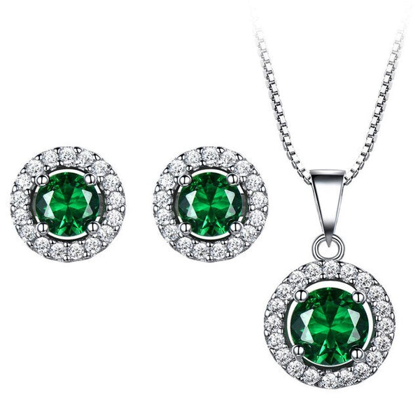 Nano Sapphire and Cubic Zirconia 925 Sterling Silver Pendant & Stud Earrings Jewelry Set-Jewelry Sets-Innovato Design-Green-Innovato Design