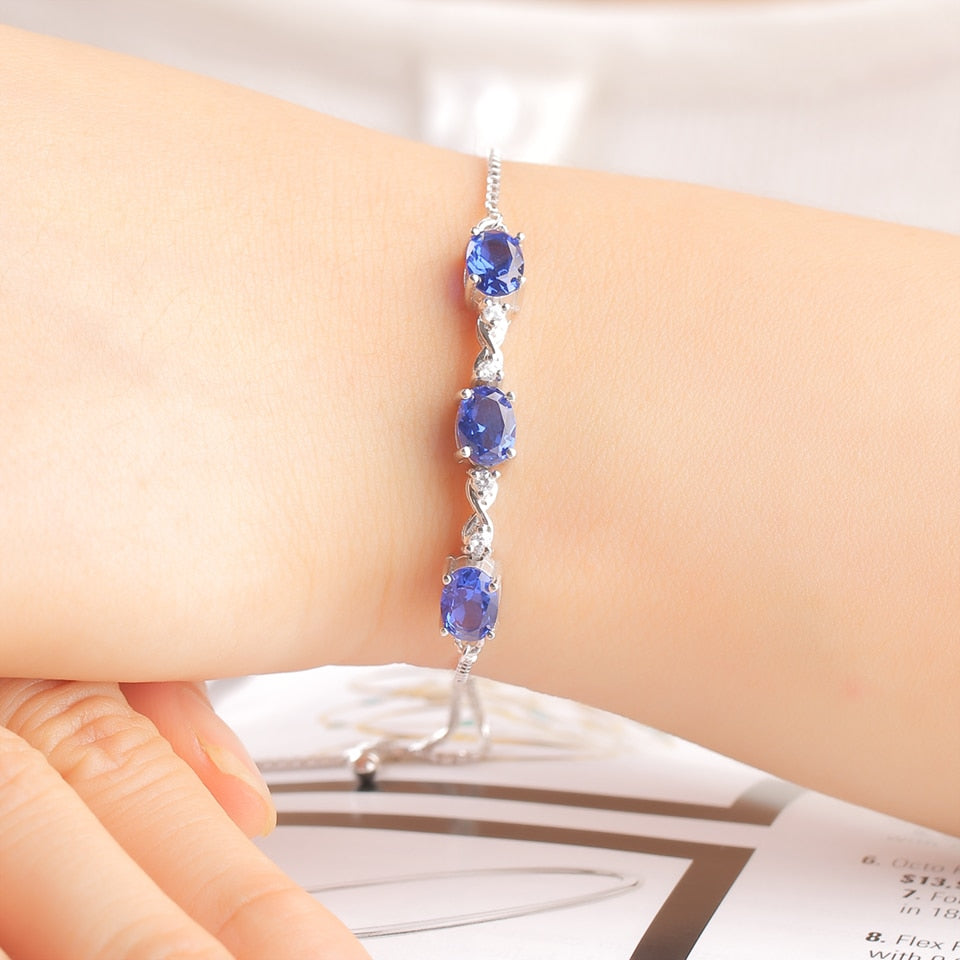 Tanzanite or Sapphire and Cubic Zirconia 925 Sterling Silver Adjustable Tennis Bracelet-Bracelets-Innovato Design-Sapphire-Innovato Design