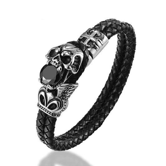 Genuine Leather Stainless Steel Skull and Zirconia Stone Bracelet-Skull Bracelet-Innovato Design-Innovato Design