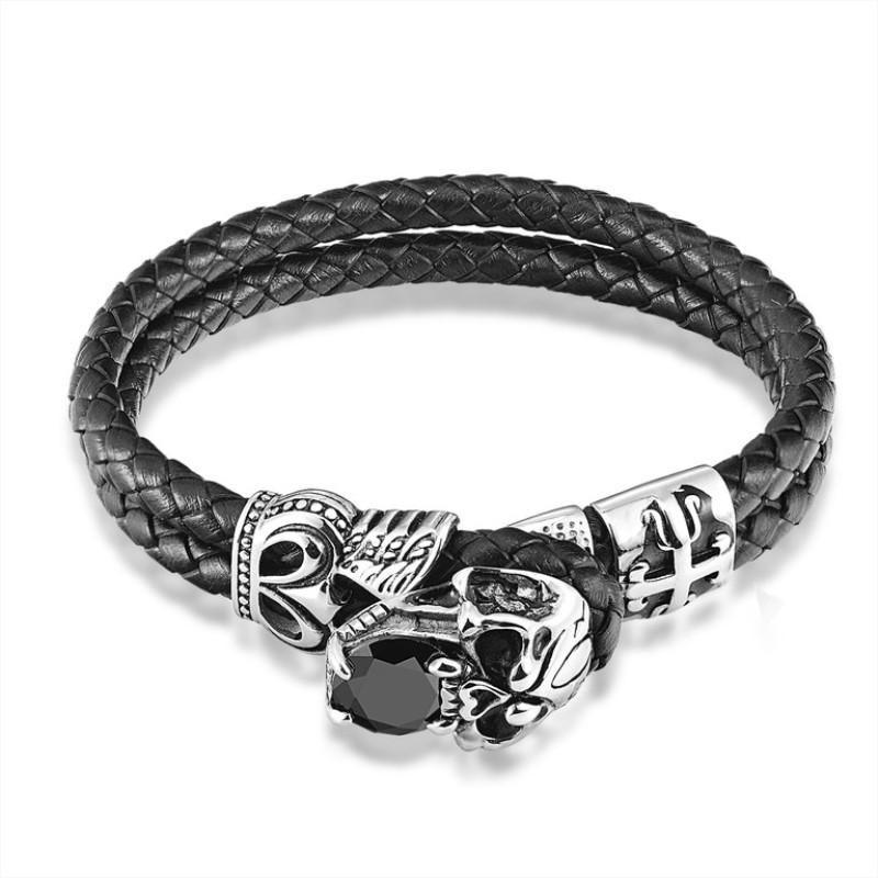 Genuine Leather Stainless Steel Skull and Zirconia Stone Bracelet-Skull Bracelet-Innovato Design-Innovato Design