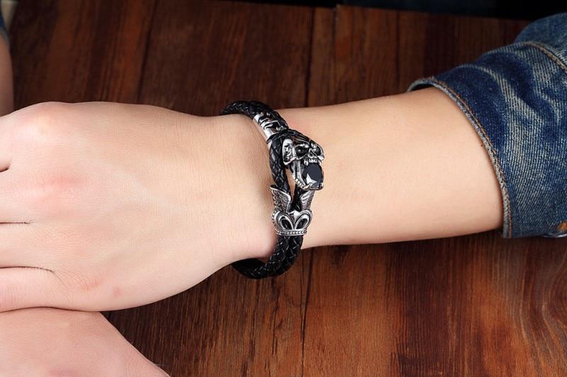 Genuine Leather Stainless Steel Skull and Zirconia Stone Bracelet-Skull Bracelet-Innovato Design-Innovato Design