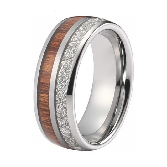 8mm Tungsten with Wood and Meteorite Inlay Wedding Band-Rings-Innovato Design-Silver-6-Innovato Design