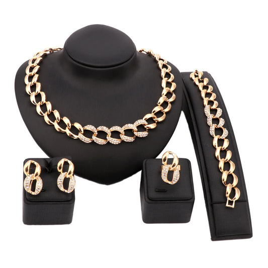 Rhinestone Link Chain Necklace, Bracelet, Earrings & Ring Wedding Statement Jewelry Set-Jewelry Sets-Innovato Design-Innovato Design