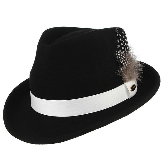 Black European Style Curved Brim Wool Felt Fedora Trilby Hat with Feathers on White Hatband-Hats-Innovato Design-Innovato Design