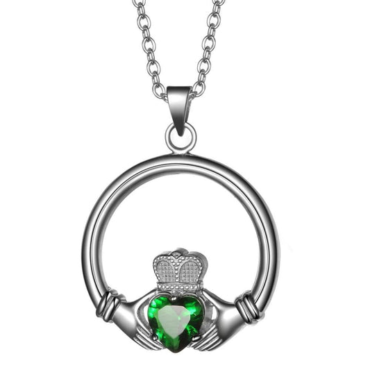 925 Sterling Silver Claddagh Pendant with Green Zirconia Necklace-Necklaces-Innovato Design-Innovato Design