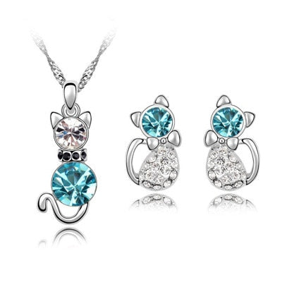 Austrian Crystal Cat Necklace & Earrings Fashion Jewelry Set-Jewelry Sets-Innovato Design-Silver Ocean Blue-Innovato Design