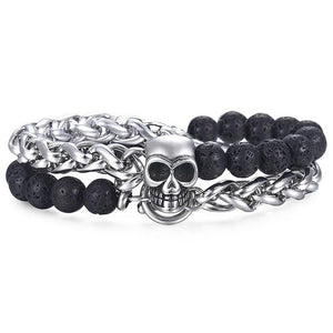 Men's Stainless Steel and Lava Rock Black Skull Beaded Bracelet-Skull Bracelet-Innovato Design-Alfa-Innovato Design
