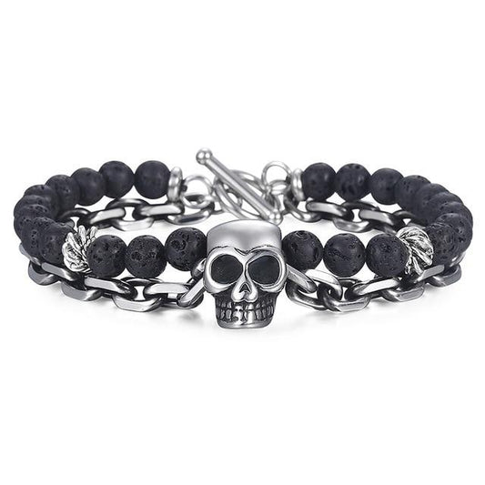 Men's Stainless Steel and Lava Rock Black Skull Beaded Bracelet-Skull Bracelet-Innovato Design-Beta-Innovato Design