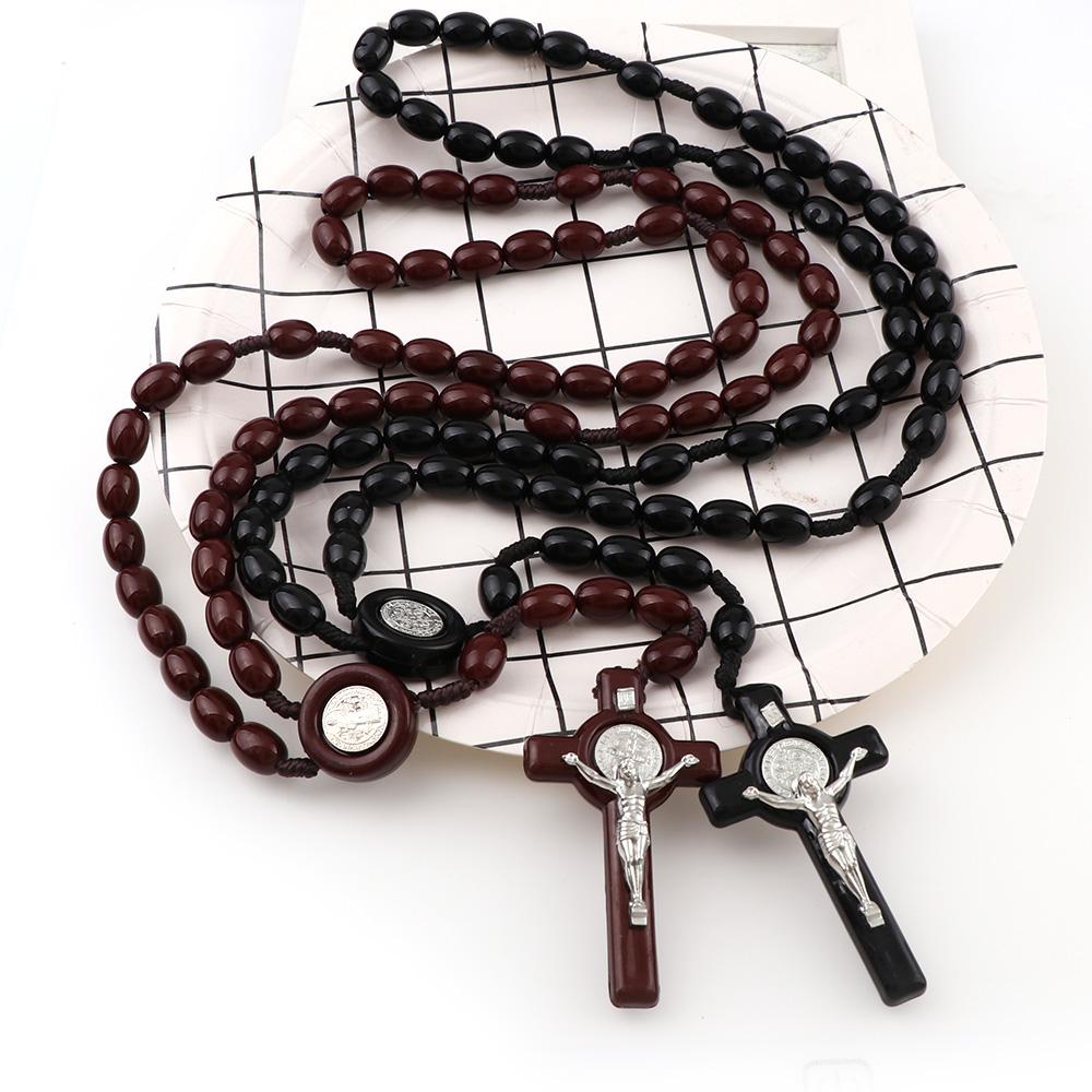 St. Benedict Jesus Cross Resin Beads Rosary Wooden Pendant Necklace-Necklaces-Innovato Design-Black-Innovato Design