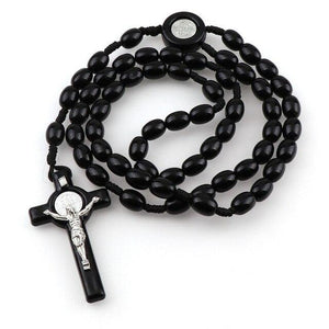 St. Benedict Jesus Cross Resin Beads Rosary Wooden Pendant Necklace-Necklaces-Innovato Design-Black-Innovato Design
