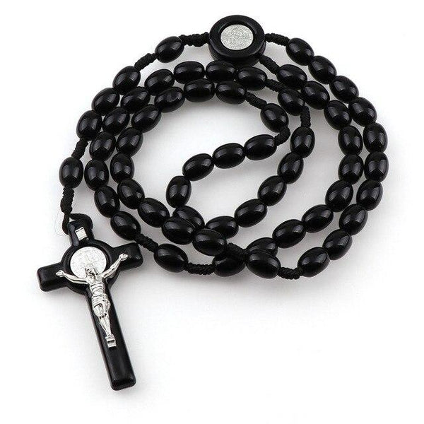 St. Benedict Jesus Cross Resin Beads Rosary Wooden Pendant Necklace - InnovatoDesign