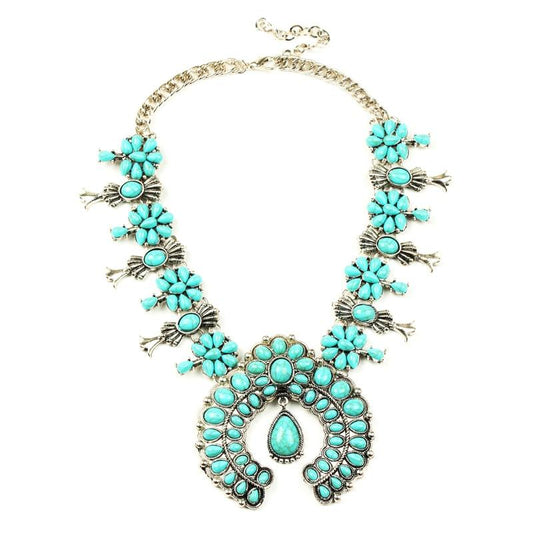 Silver Floral Squash Blossom Beaded Statement Necklace-Necklaces-Innovato Design-Green-Innovato Design