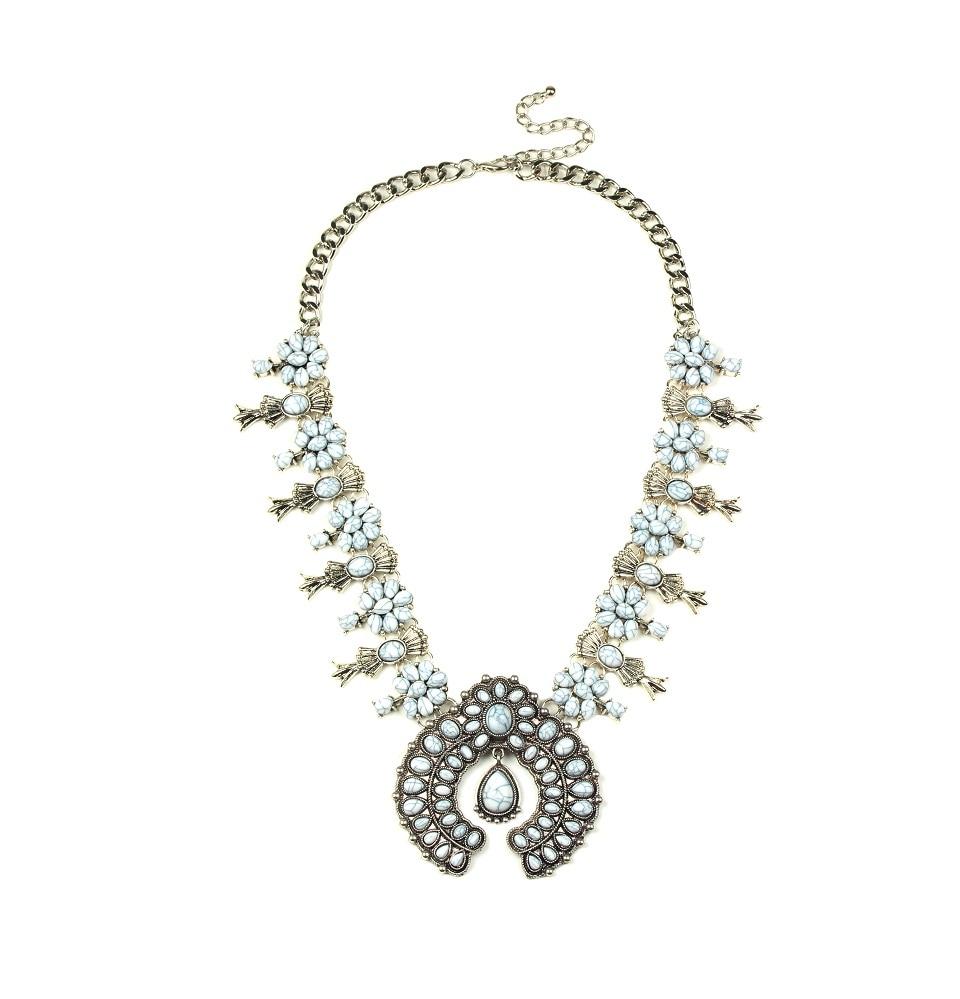 Silver Floral Squash Blossom Beaded Statement Necklace-Necklaces-Innovato Design-White-Innovato Design