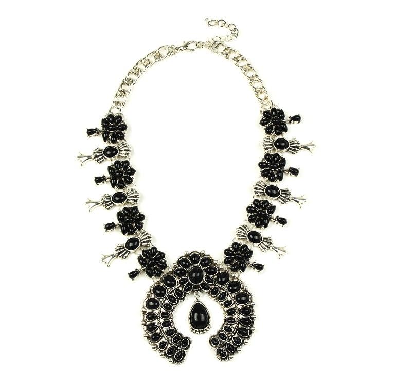 Silver Floral Squash Blossom Beaded Statement Necklace-Necklaces-Innovato Design-Black-Innovato Design