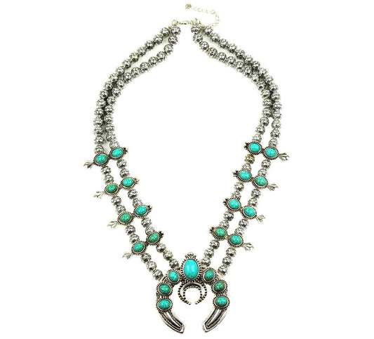 Silver Beaded Stone Double Layer Squash Blossom Statement Necklace-Necklaces-Innovato Design-Green-Innovato Design