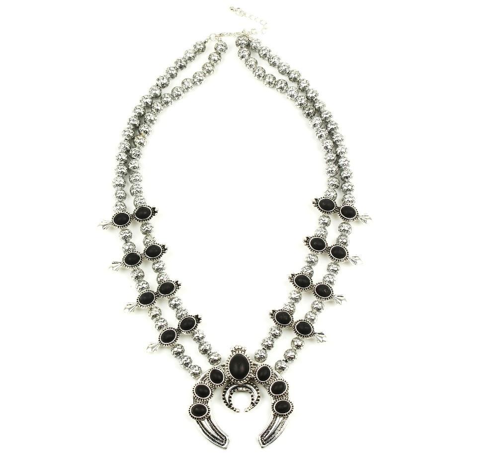 Silver Beaded Stone Double Layer Squash Blossom Statement Necklace-Necklaces-Innovato Design-Black-Innovato Design