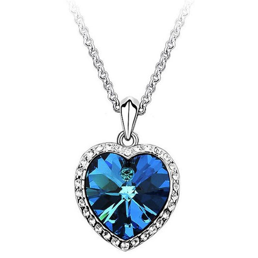 Blue Crystal Heart of Ocean Pendant Necklace with Rhinestone Border-Necklaces-Innovato Design-Innovato Design
