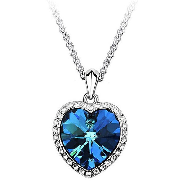 Blue Crystal Heart of Ocean Pendant Necklace with Rhinestone Border