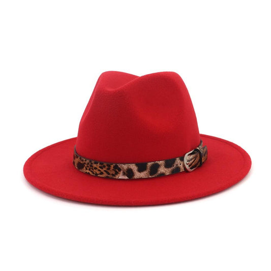 Jazzy Wool Fedora Hat with Leopard Print Belt Band-Hats-Innovato Design-Red-Innovato Design