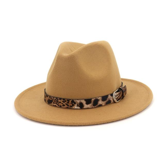 Jazzy Wool Fedora Hat with Leopard Print Belt Band-Hats-Innovato Design-Camel-Innovato Design