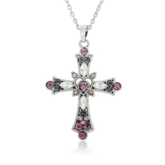Silver Cross Pendant Necklace with Pink and Purple Crystals-Necklaces-Innovato Design-Innovato Design
