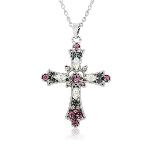 Silver Cross Pendant Necklace with Pink and Purple Crystals - InnovatoDesign