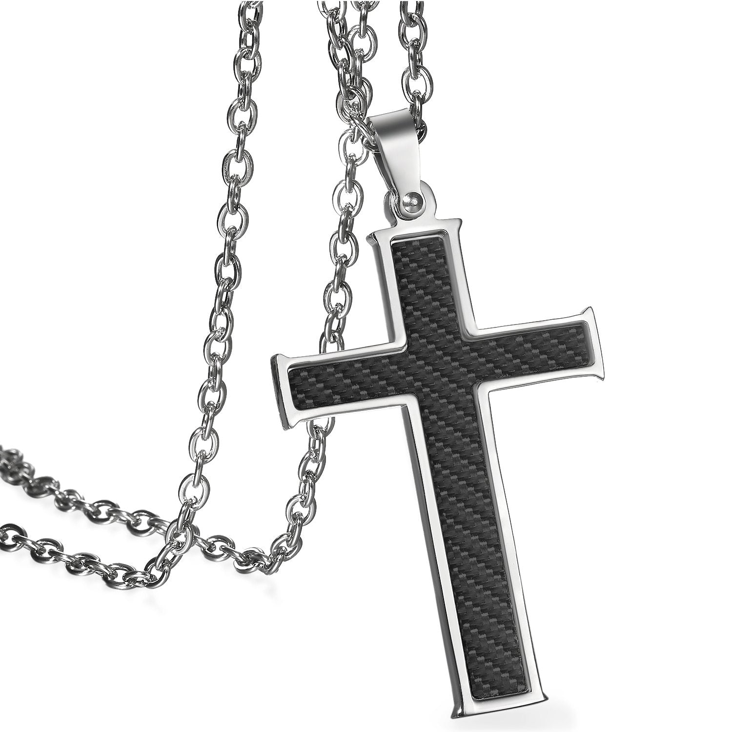 Silver & Black Carbon Fiber Classic Cross Pendant and Necklace with 21.5" Chain-Necklaces-Innovato Design-Black-Innovato Design