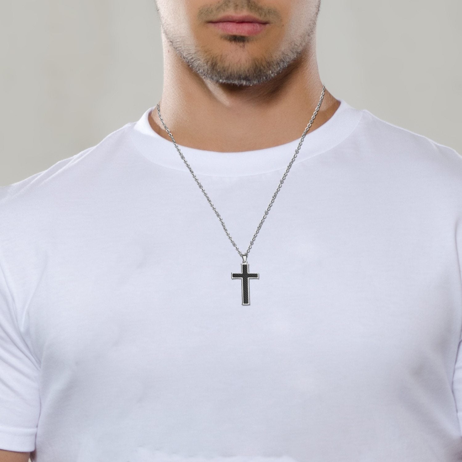 Silver & Black Carbon Fiber Classic Cross Pendant and Necklace with 21.5" Chain-Necklaces-Innovato Design-Black-Innovato Design