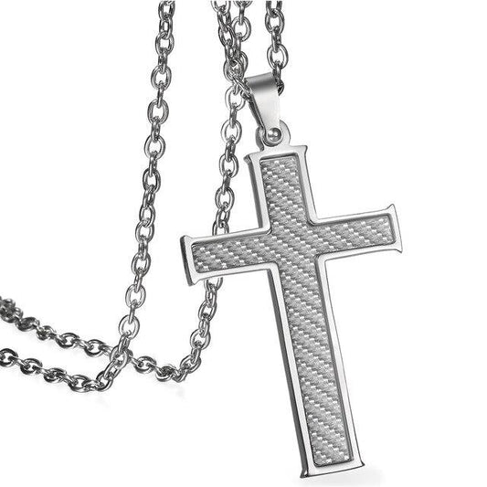 Silver & Black Carbon Fiber Classic Cross Pendant and Necklace with 21.5" Chain-Necklaces-Innovato Design-Silver-Innovato Design