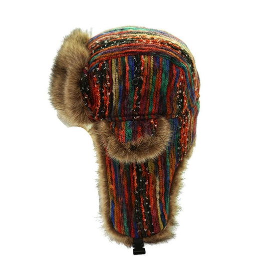 Thick Warm Multicolored Fur Bomber Hat with Earflaps-Hats-Innovato Design-Innovato Design