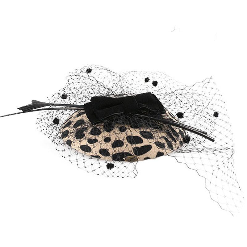 Leopard Australian Wool Pillbox Fascinator Hat with Netted Veil, Bowknot and Feathers-Hats-Innovato Design-Innovato Design