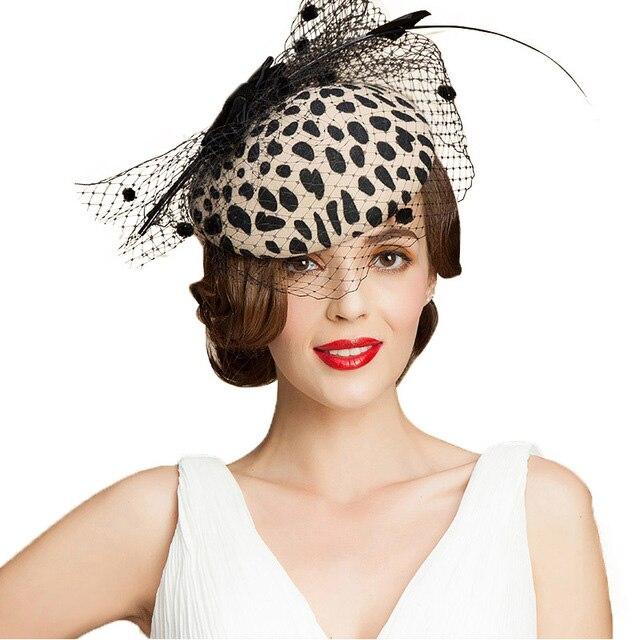 Leopard Australian Wool Pillbox Fascinator Hat with Netted Veil, Bowknot and Feathers-Hats-Innovato Design-Innovato Design