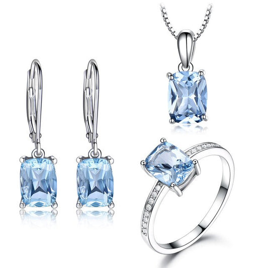 Sky Blue Topaz and Cubic Zirconia 925 Sterling Silver Pendant, Stud Earrings & Ring Jewelry Set-Jewelry Sets-Innovato Design-5-Innovato Design