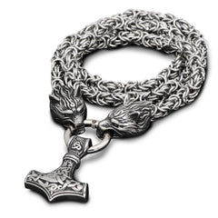 Thor's Hammer Pendant with Two Wolf Heads Byzantine Chain Necklace-Necklaces-Innovato Design-19.5-Innovato Design
