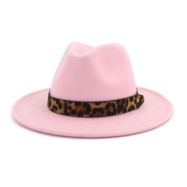 Wide Brim Felt Fedora Panama Hat with Leopard-printed Hatband-Hats-Innovato Design-Pink-Innovato Design