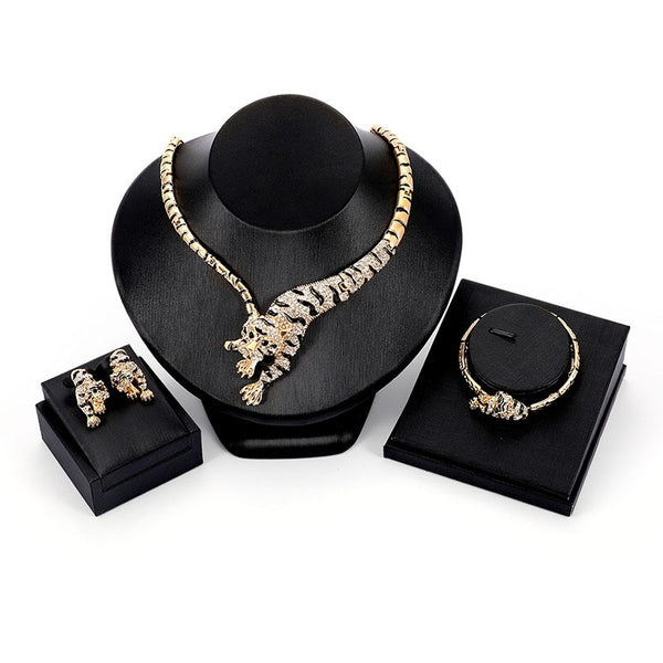 Gold Tiger Crystal Necklace, Bracelet & Earrings Wedding Statement Jewelry Set