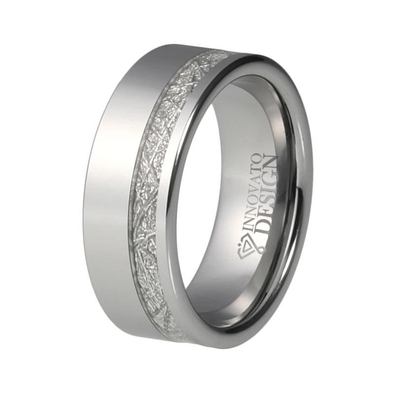 8mm Silver Tungsten Meteorite Inlay Wedding Band-Rings-Innovato Design-5-Innovato Design