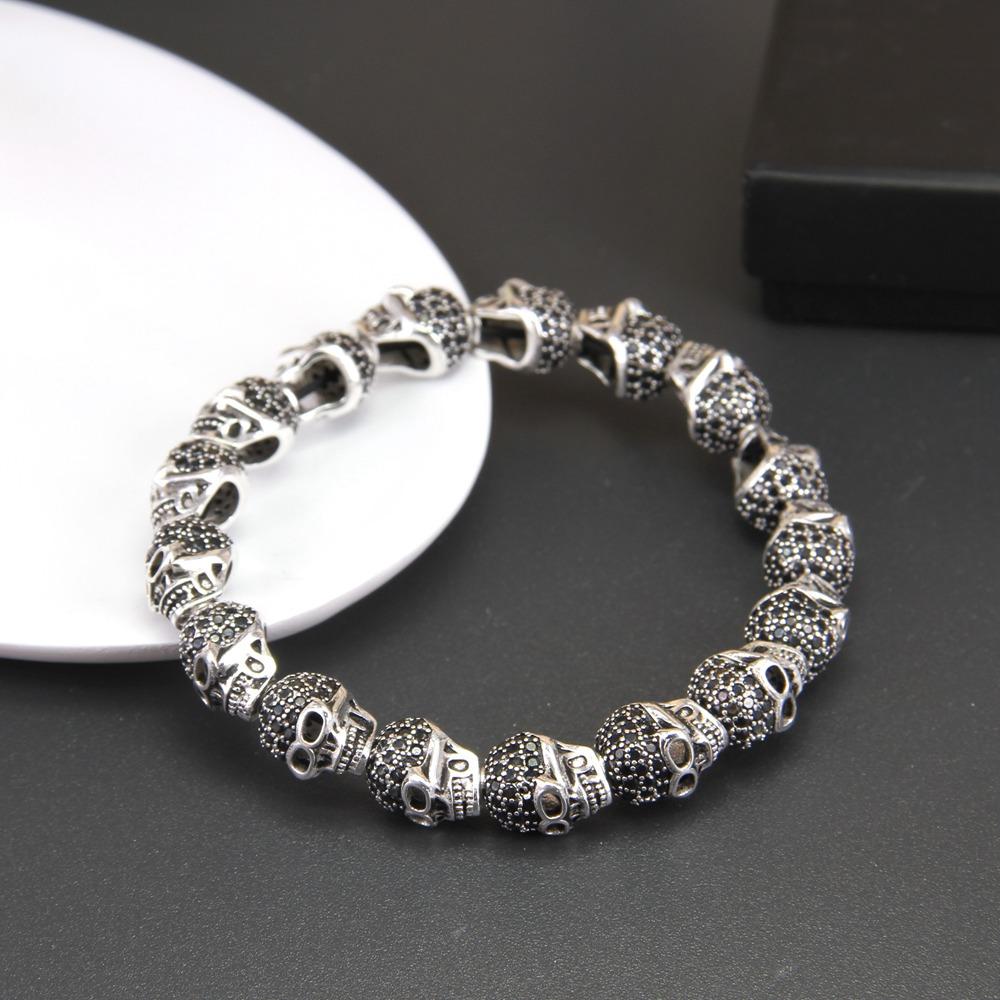 925 Sterling Silver Skull with Black Cubic Zirconia Beads Bracelets-Skull Bracelet-Innovato Design-6.3 inch-Innovato Design
