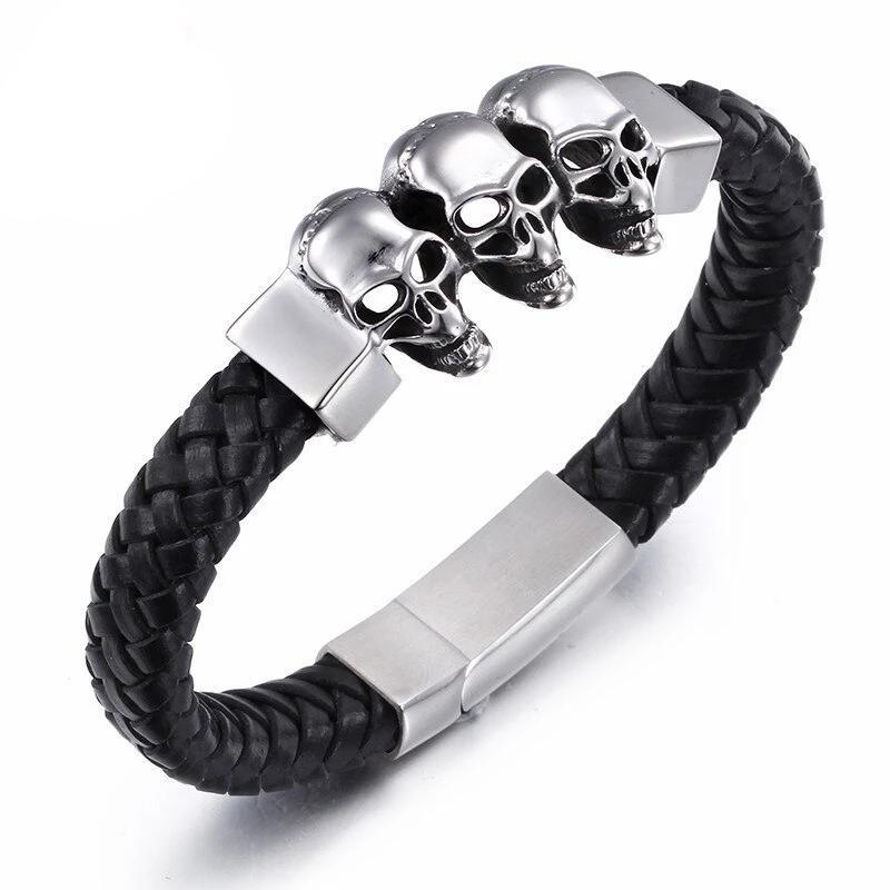 Black Braided Leather Stainless Steel Tri Skull Bracelet – Innovato Design