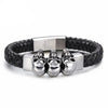 Black Braided Leather Stainless Steel Tri Skull Bracelet-Skull Bracelet-Innovato Design-Silver-Innovato Design