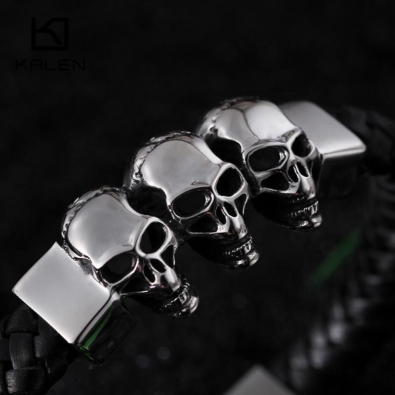 Black Braided Leather Stainless Steel Tri Skull Bracelet-Skull Bracelet-Innovato Design-Silver-Innovato Design